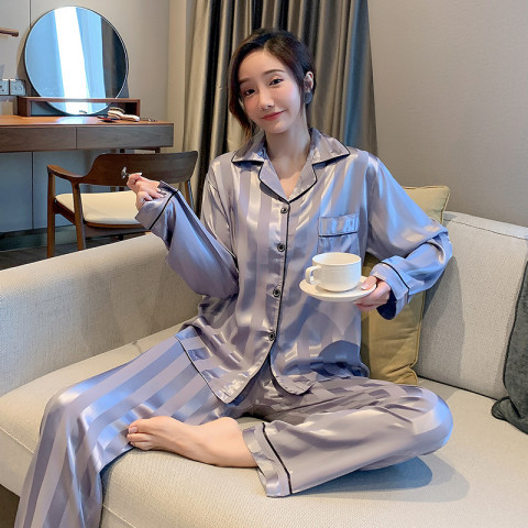 Striped silk-like ice silk pajamas women's Korean-style jacquard home wear new two-piece live delivery cross-border wholesale