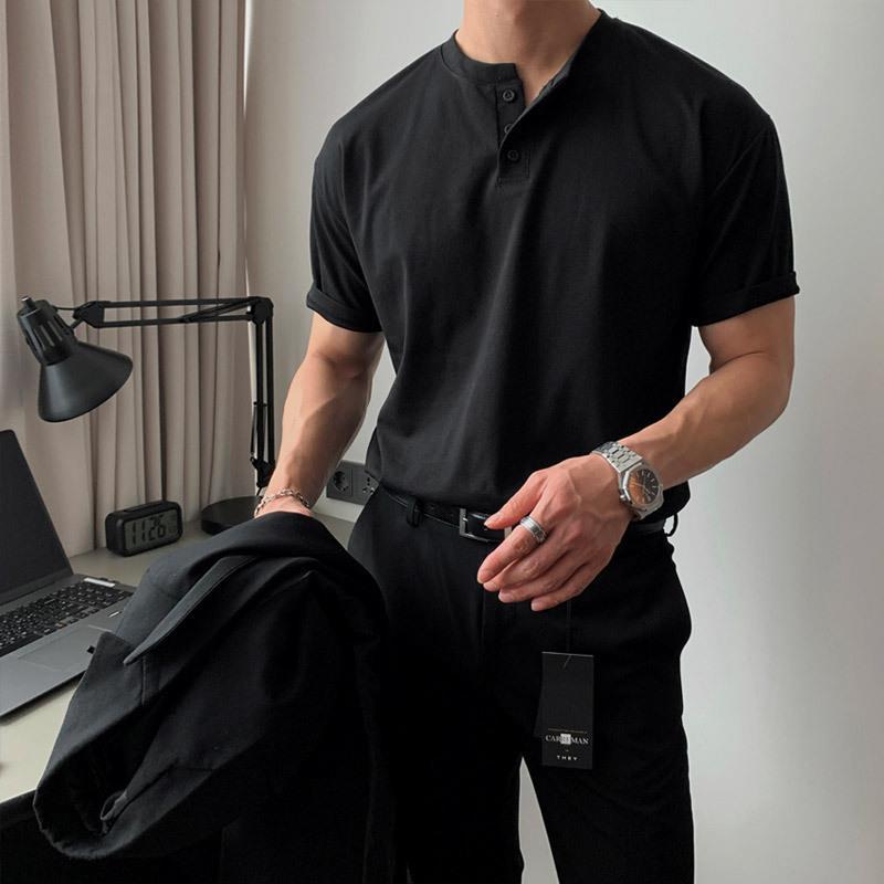 American Style Retro Heavy-Duty Short-Sleeved T-Shirt Men's Polo Shirt Mature and Steady Tight Cuff Fitness Tough Guy Henry Shirt
