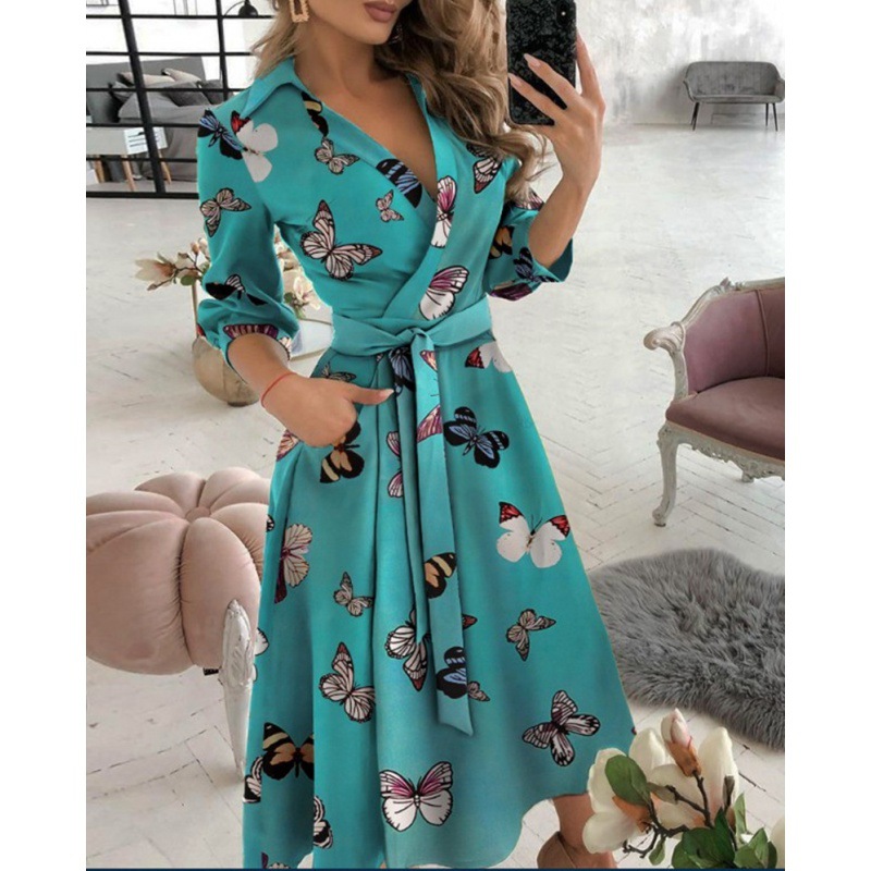 2022EBAY WISH spring/summer fashion long sleeve V-neck printed sheath dress women's clothing