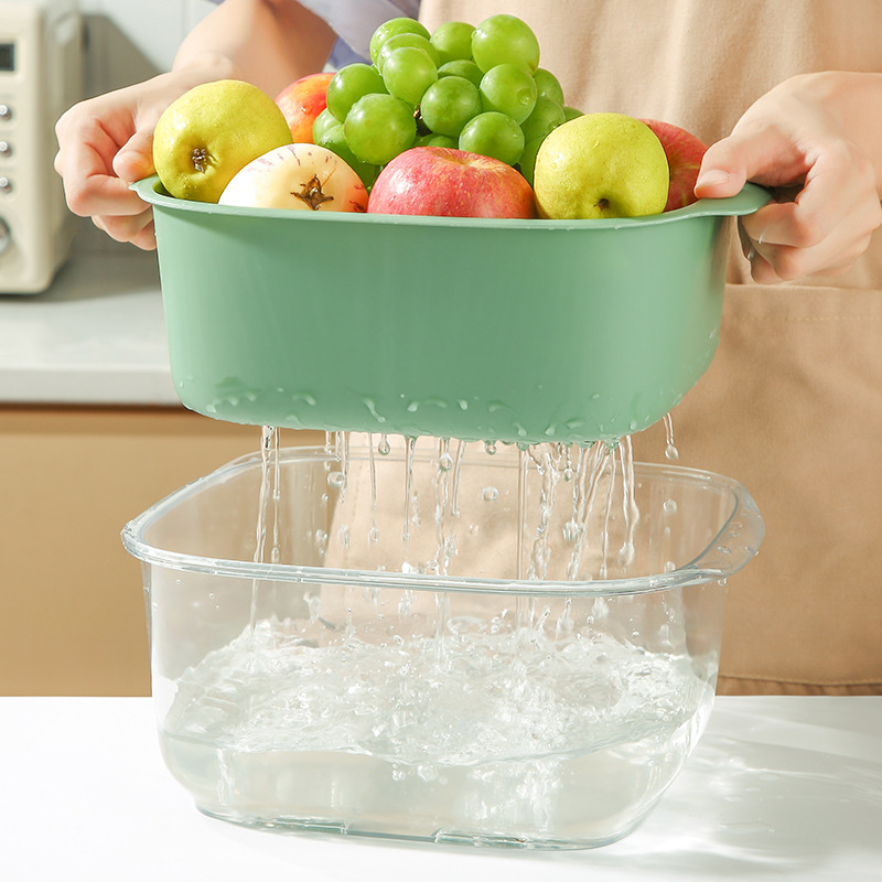 PET Double Layer Draining Basket Creative Contrast Color Plastic Vegetable Washing Basket Fruit Basin Household Kitchen Storage Fruit and Vegetable Draining Basin