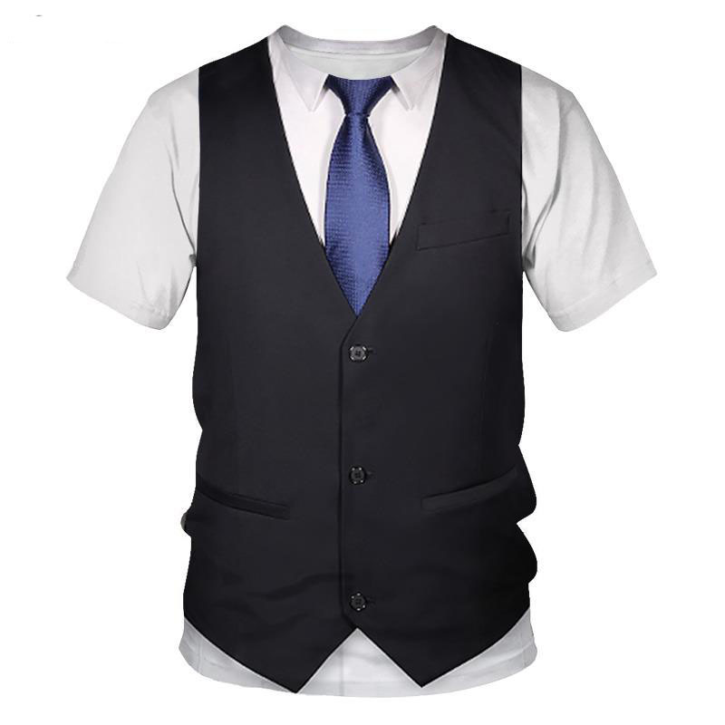 2022 new fashion fake two-piece 3d digital printing T-shirt men's fake suit source factory