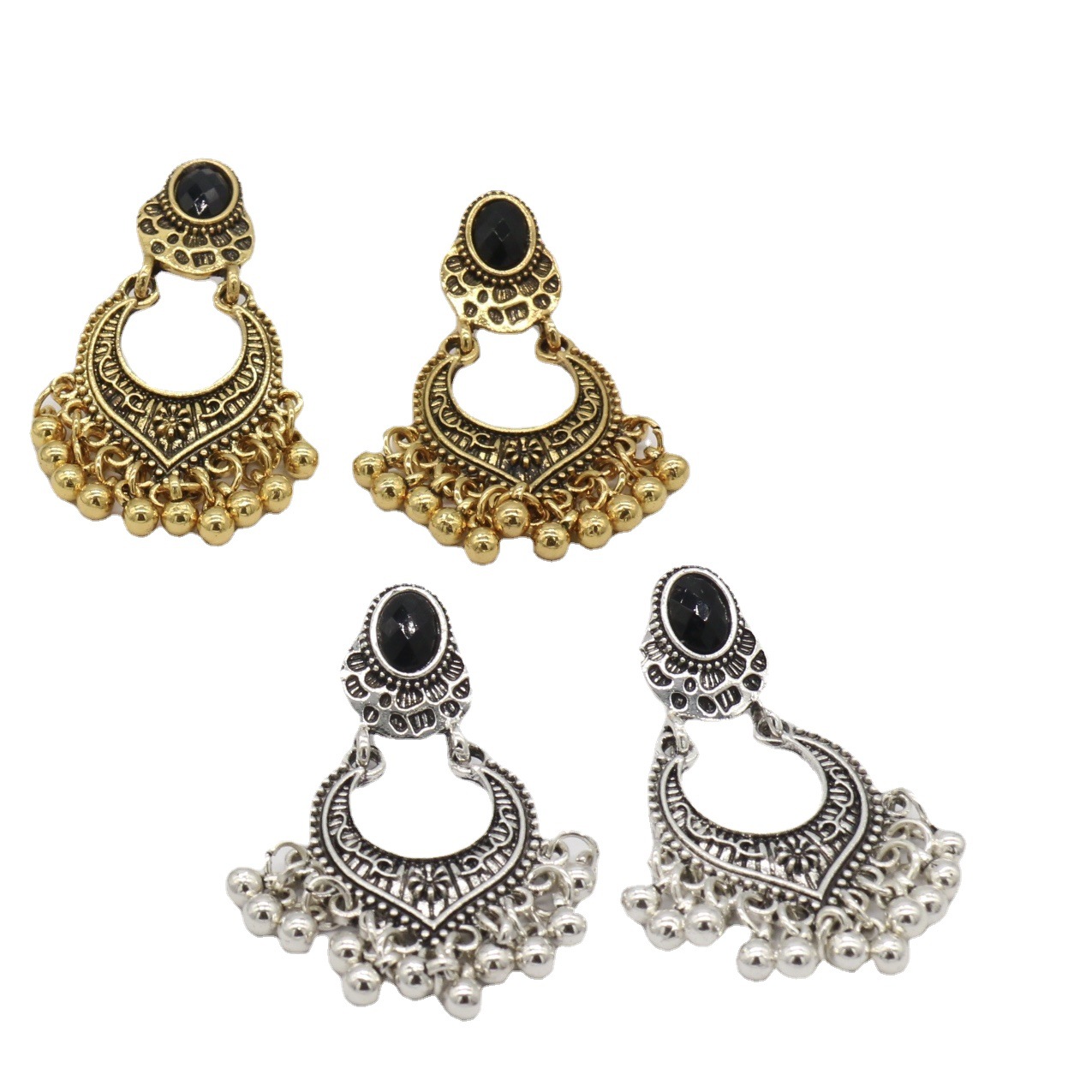 European and American cross-border jewelry fashion vintage earrings ethnic style carved beads black gem tassel earrings