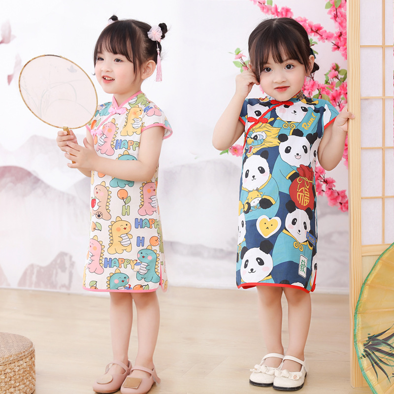 Tang suit ethnic cheongsam spring and summer dress children's Hanfu improved children's clothing children's princess dress short sleeve children's dress