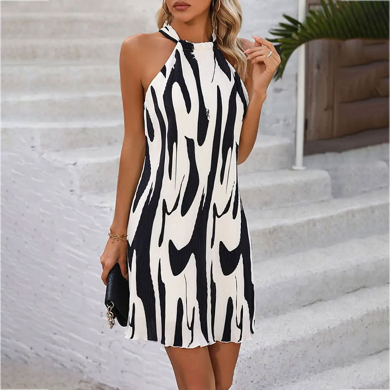 Foreign trade women's clothing 2024 Summer elegant printed pleated halter A swing dress personalized off-the-shoulder lace-up skirt