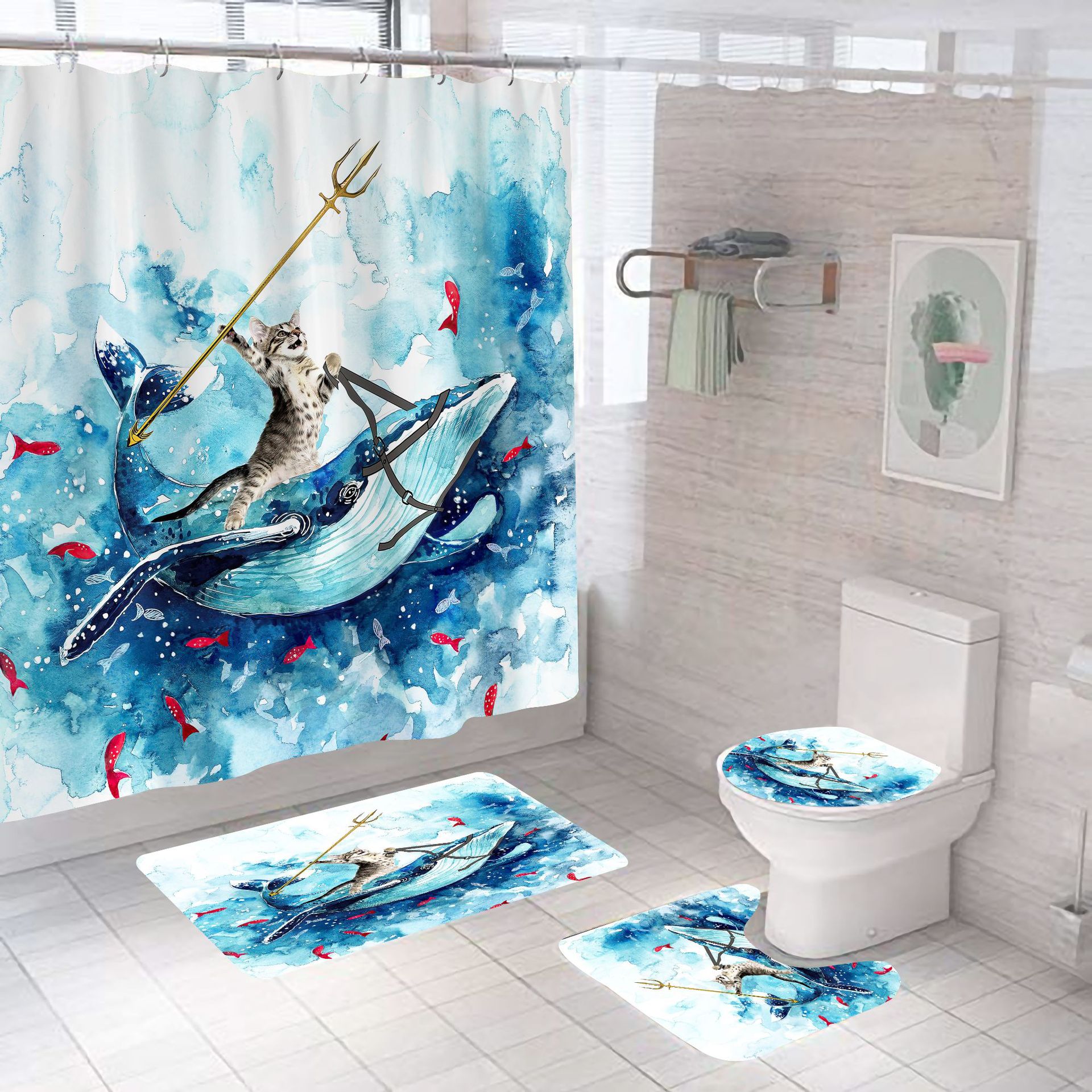 Cross-border new cat world shower curtain suit digital printing polyester shower curtain punch-free shower curtain bathroom curtain