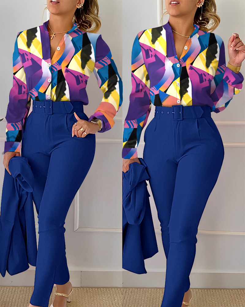 European and American Foreign Trade Women's Cross-border New Casual suit Printed Collar Long Sleeve Shirt Top Trousers Two-piece Set