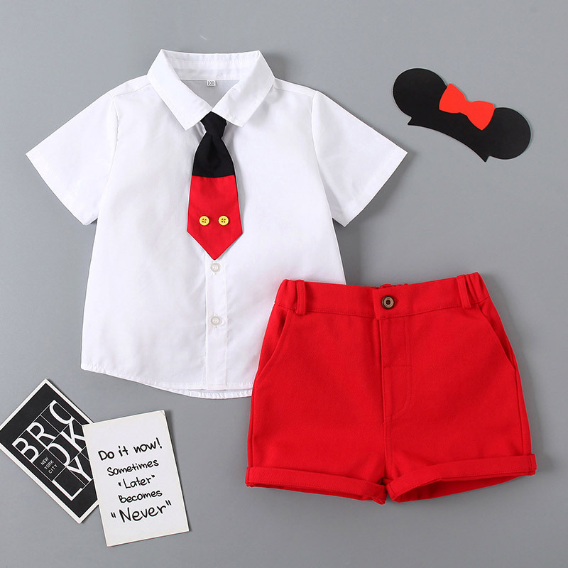 Summer Children's Wear Korean-style Boys' Suit Handsome Tie Children's Solid Color Short-sleeved Shirt Pants Two-piece Set