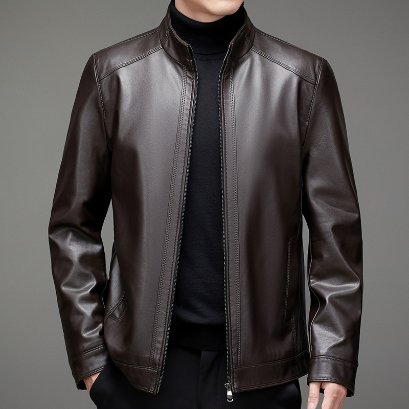 Haining Leather Men's Middle-aged Slim-fit Short Leather Jacket Men's Business Casual Fleece Plus Size Leather Leather Jacket