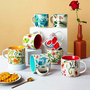 High color value flower color glaze ceramic mug mug home large capacity breakfast cup business National Day gift logo