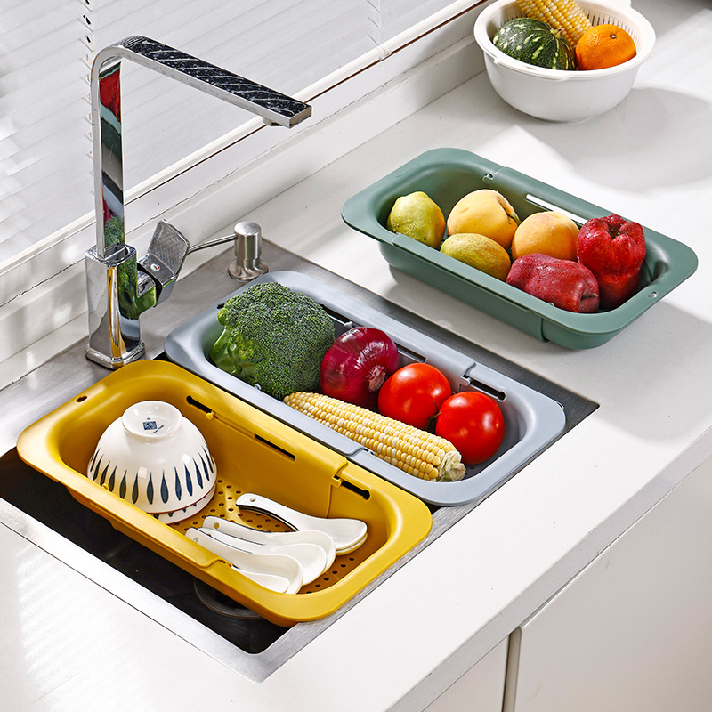 Kitchen Retractable Sink Draining Basket Multi-functional Fruit and Vegetable Cleaning Basket Draining Dish Rack Plastic Dish Rack