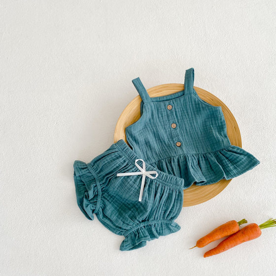 Spot ins Baby Summer Candy Color Baby Clothes Baby Breathable Cotton and Linen Sling Fart-wrapped Pants Two-piece Set