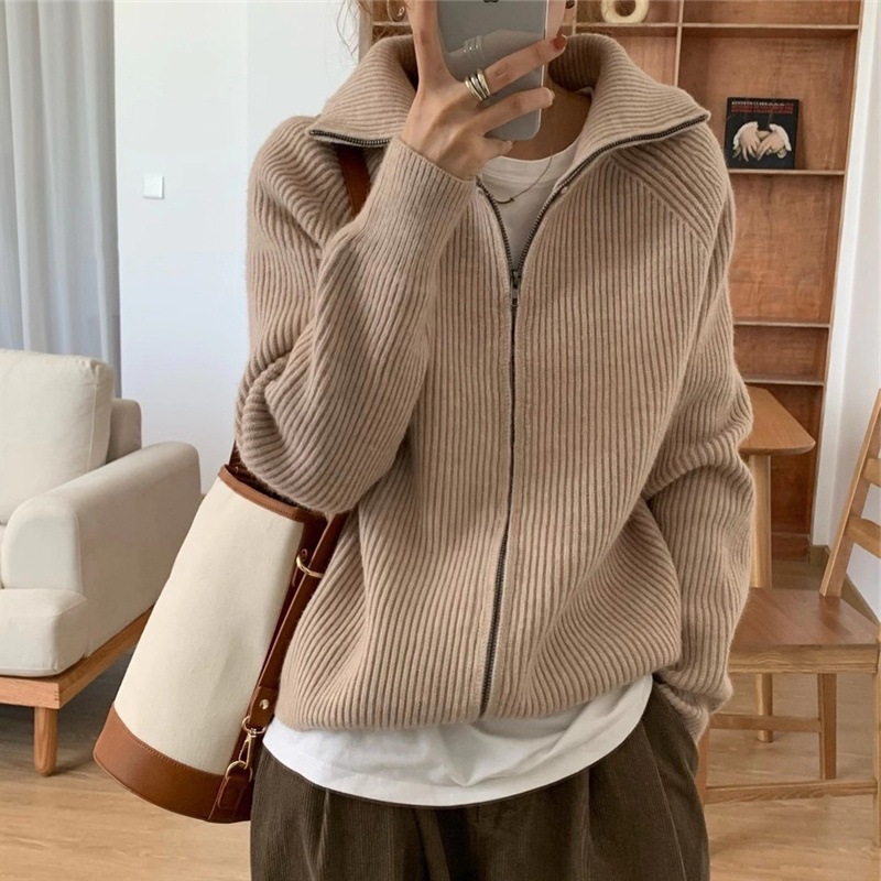 Spring and Autumn Lazy Style 2024 New Knitted Zipper Cardigan Korean-style All-match Jacket Internet Popular Loose Gentle Sweater for Women