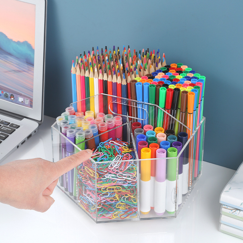 Cross-border best-selling acrylic pen holder, desktop rotating storage office storage box, hexagonal stationery box with handle