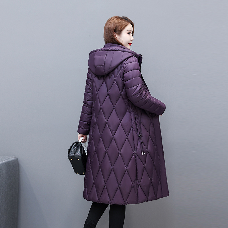 2023 New Style Cotton-padded Coat Women's Rhombic Long Over-the-knee Light Down Cotton-padded Coat Women's Hooded Coat Winter Slim-fit Slimming