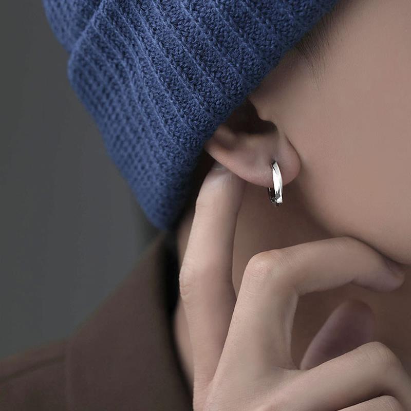 Stud Earrings Men's High-end Sense S925 Sterling Silver Simple Pluck Handsome Earrings 2023 New Fashion Personalized Earrings Women's Plain Ring