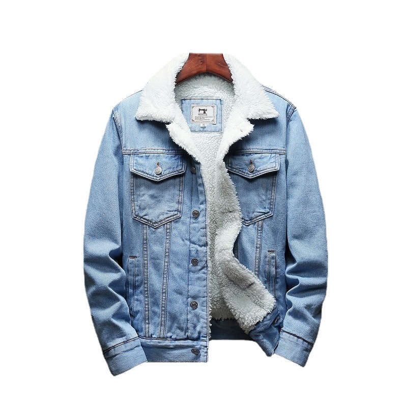 Cross-border foreign trade wholesale autumn and winter men's velvet jacket large size trend washed warm jeans lamb wool coat