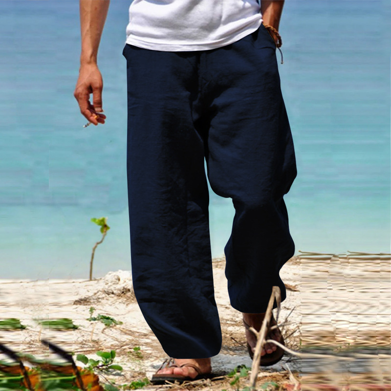 European and American Cotton and Linen Casual Pants 2023 Spring New Men's Loose Cotton and Linen Drawstring Hip-Hop Light Wide Leg Straight Pants Men's Wear