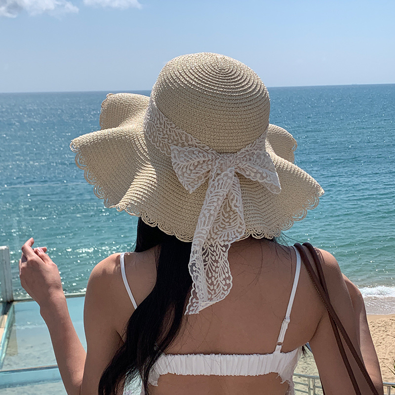 Straw Hat Women's Korean-style Lace Bow Big Brim Foldable Sun Protection Sunhat Seaside Beach Sweet Fisherman Hat