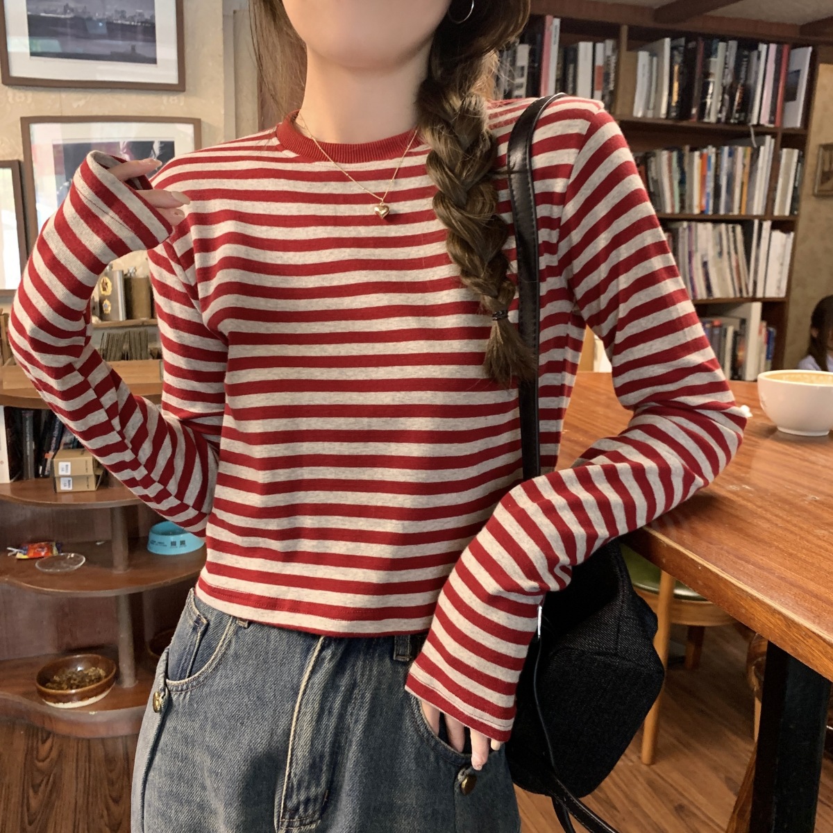 Women's Color-block Striped Long-sleeve T-shirt 2024 Autumn New Casual Slimming Layering Tank Top Short Student Top
