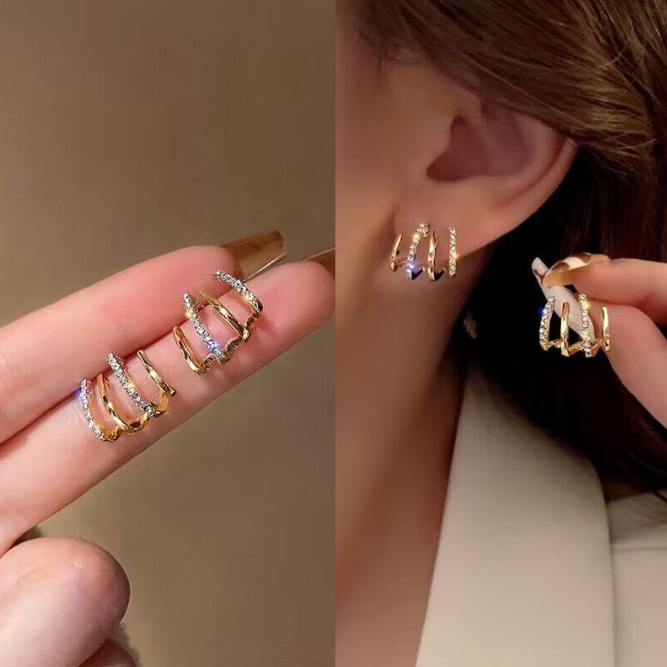 s925銀四爪耳排耳環時尚鑲鑽弧形耳釘女簡約小眾設計感冷淡風耳飾