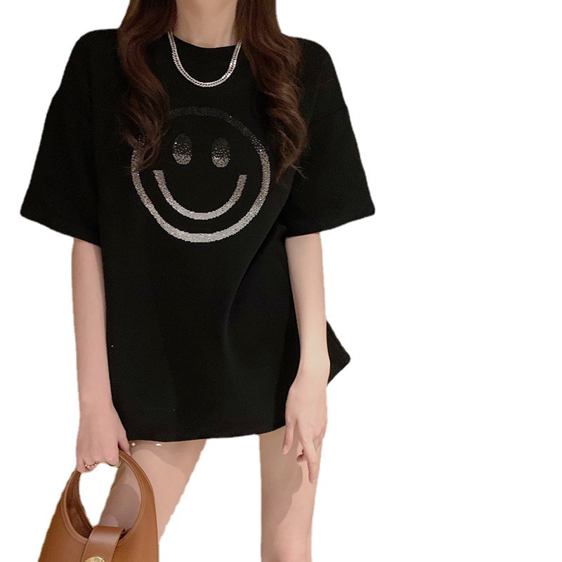 Smiley printed loose short sleeve T-shirt women's 2023 spring and summer new casual bottoming shirt women's top a generation of hair