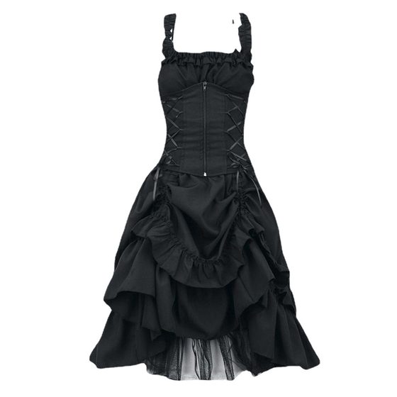 European and American Lolita cos Gothic Prom Dress Slim-Fit Irregular Tie Waist Lace Dress