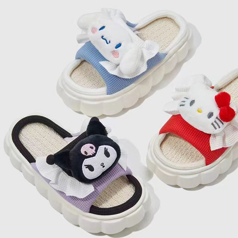 High-looking Sanrio linen slippers spring and summer men's and Women's Home soft bottom thickened non-slip couple home shoes
