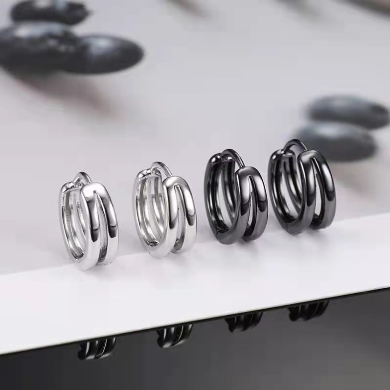 Double-ring Hollow-out Ear Buckle Men's Fashionable Simple Internet-famous Single Earrings for Boys Geometric Double-ring Ear Ring Distressed Ear Jewelry