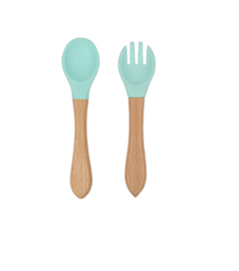 Mint color-wooden handle silicone fork spoon