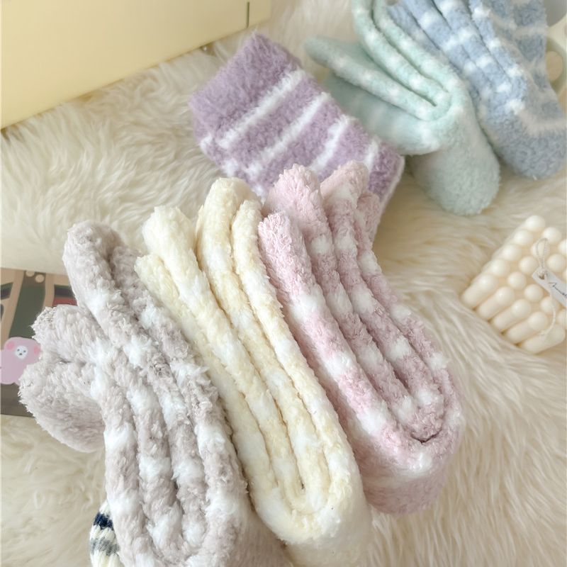 Women's socks autumn and winter fleece-lined thickened warm coral fleece striped mid-calf socks home floor socks sleep socks wholesale