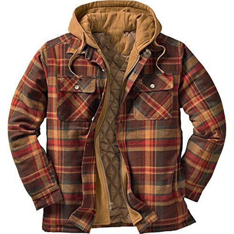 2020 foreign trade Men's European and American autumn and winter thick cotton plaid long sleeve loose hooded jacket