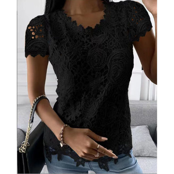 Independent station Amazon 2022 summer new women's clothing Europe and the United States cross-border foreign trade new lace shirt short sleeve top