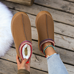 2023 Winter new snow boots Women's velvet warm thick bottom ethnic style half slippers retro casual cotton shoes