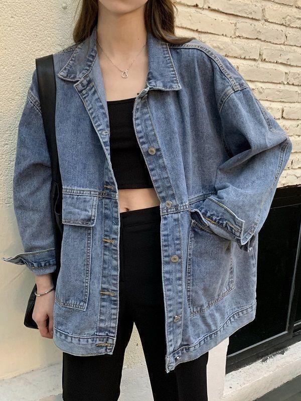 Denim jacket for female students spring and autumn Korean style new loose jacket BF versatile large pocket mid-length workwear top