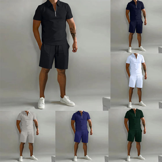Cross Border Amazon Men's Suit 2023 Summer New Men's Polo Casual Loose Short Sleeve Shorts Sports Suit