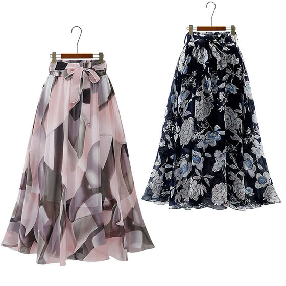 Chiffon Skirt Women's Summer Large Size New Mid-length Floral Skirt High Waist Foreign Trade Mid-length Skirt Slim A- line Gauze Skirt