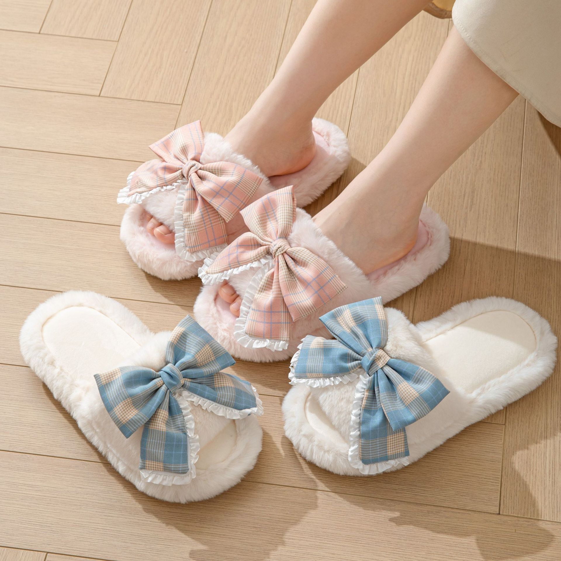 Cross-border Amazon girls cotton slippers INS bow home plush slippers indoor fluffy slippers women Wholesale