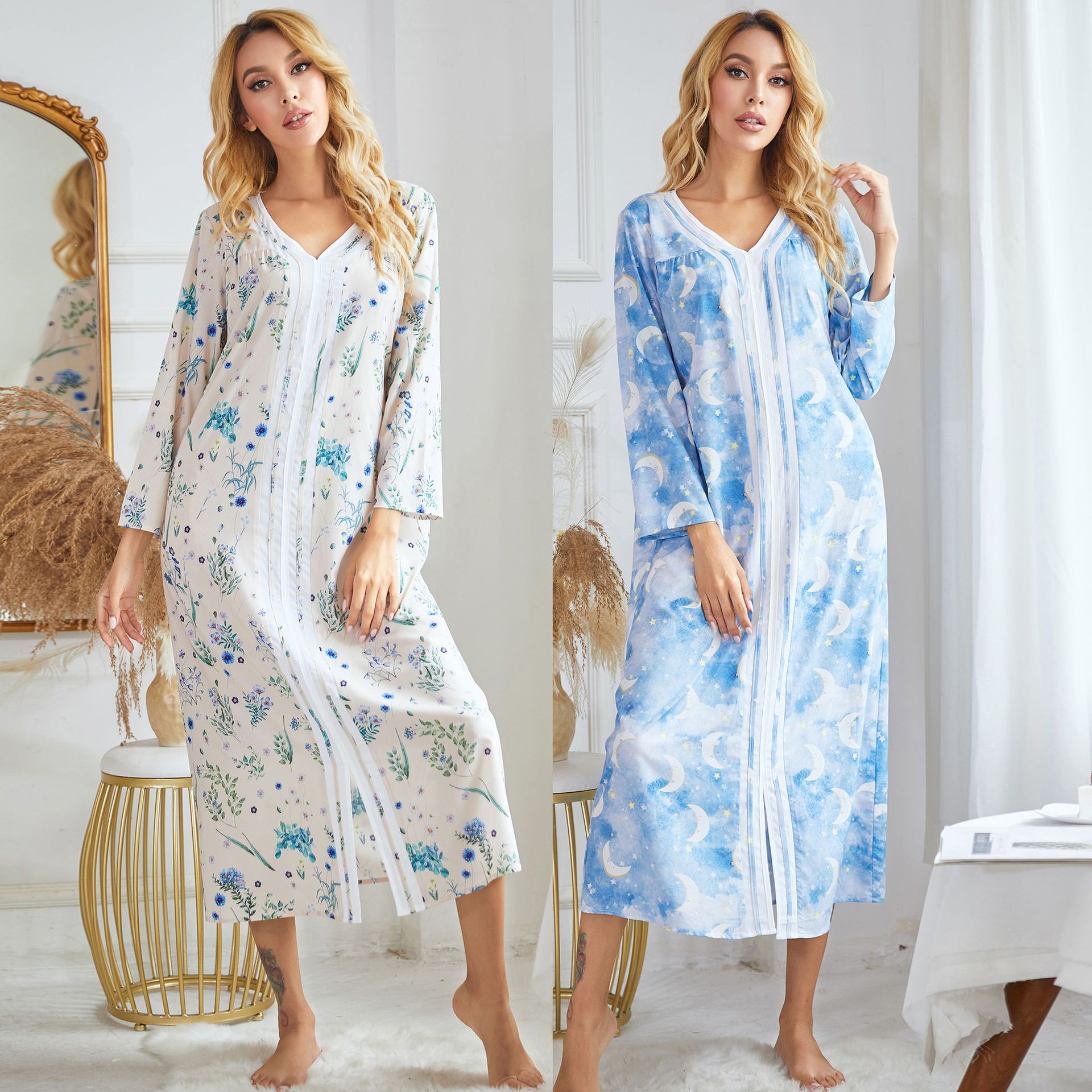 Cross-border Autumn and Winter European and American Women's Home Clothes Pajamas Woven Printed Long Sleeve Long Skirt Pullover Home Split Nightgown Women