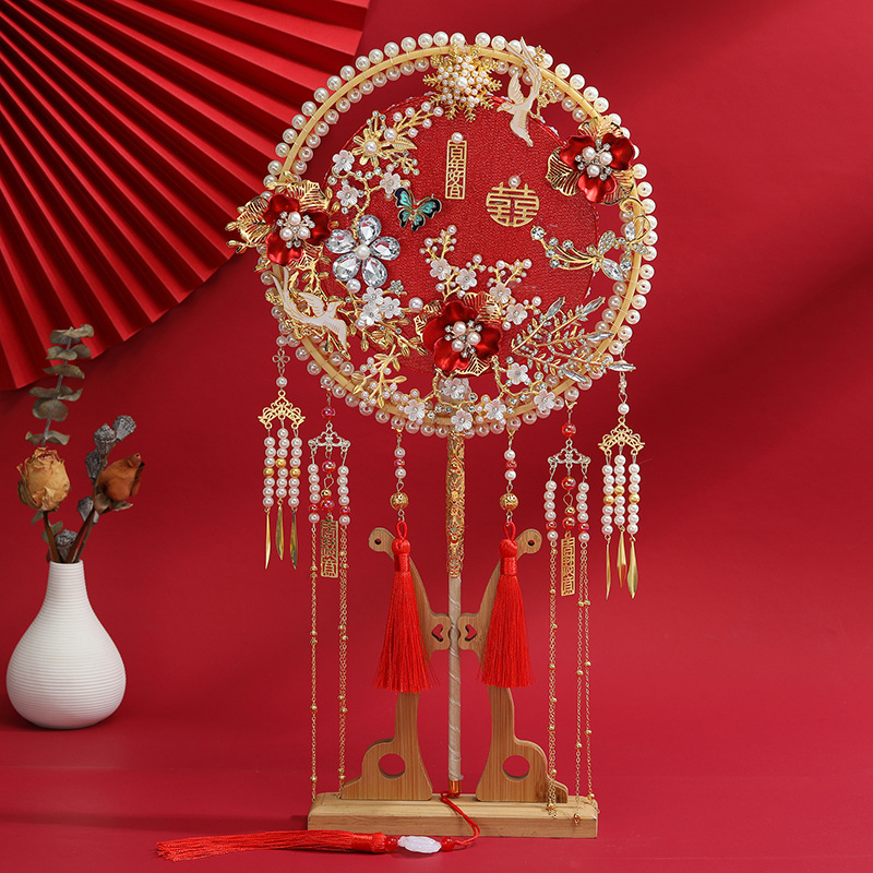 New Chinese bride holding fan wedding ancient style long handle round fan wedding hanfu headdress finished fan DIY material