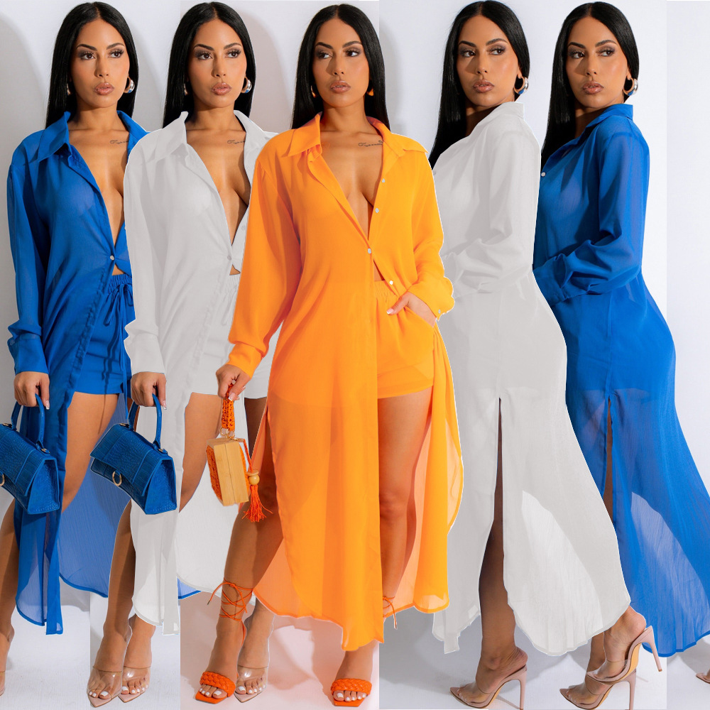 SM9307 Women's Fashion Button Split Casual Sexy Perspective Sunscreen Jacket Shorts Two-piece Suit
