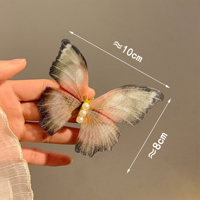 10cm double-layer mesh vintage Super fairy Pearl butterfly hairpin Mori sweet side hairpin headdress selfie decoration