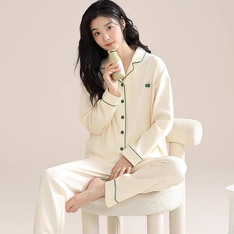 Pure Cotton Pajamas Women's Spring and Autumn Long Sleeve 2024 New Women's plus size Solid Color Autumn and Winter Home Clothes suit Can Wear