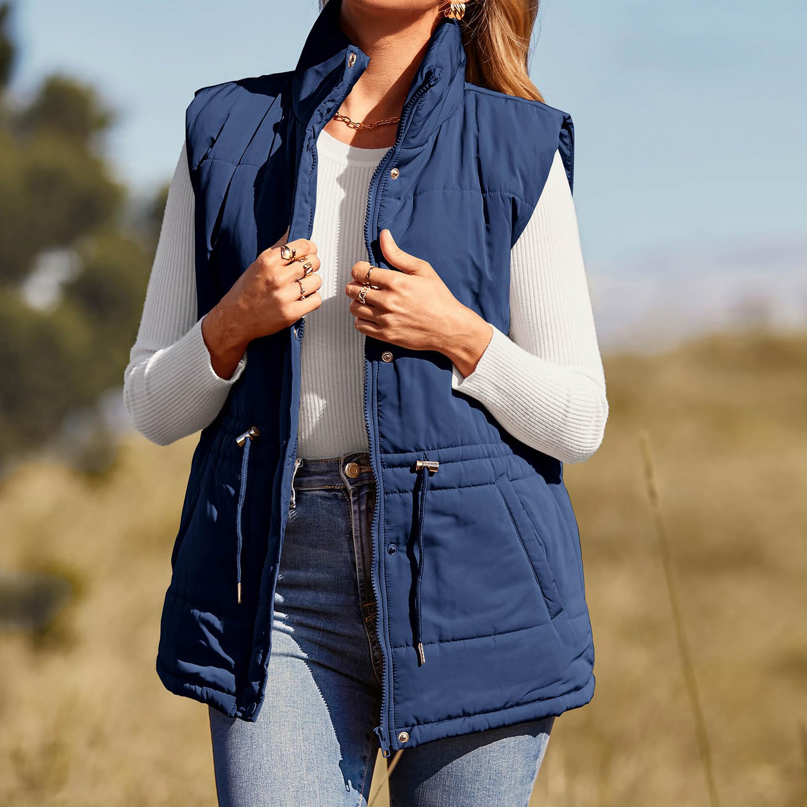 2024wish European and American solid color waist-tight single-breasted mid-length cotton-padded vest slim-fit elegant cardigan coat