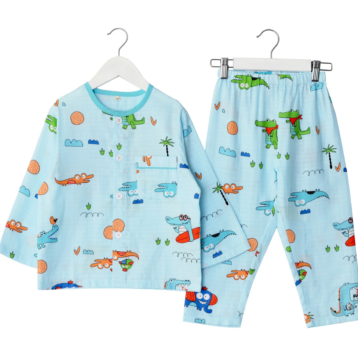 New Boys Long Sleeve Pajamas Cotton Double Gauze Children's Cartoon Cute Cotton Cardigan Home Clothes Set