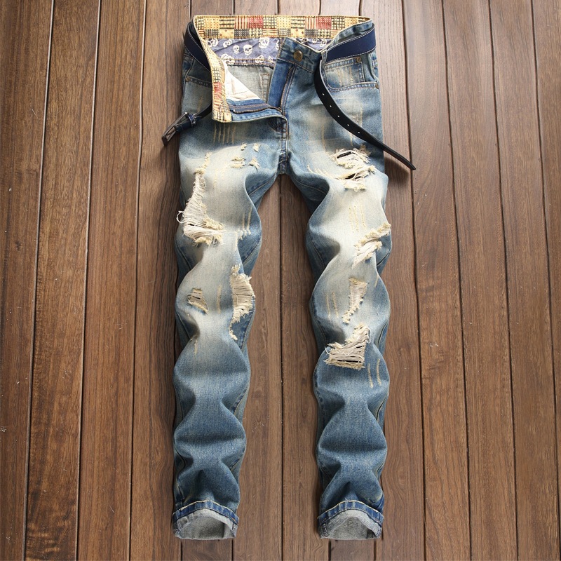 Men's jeans wholesale, retro water-washed, ripped jeans for men, inelastic, Western and European style, versatile, cross-border