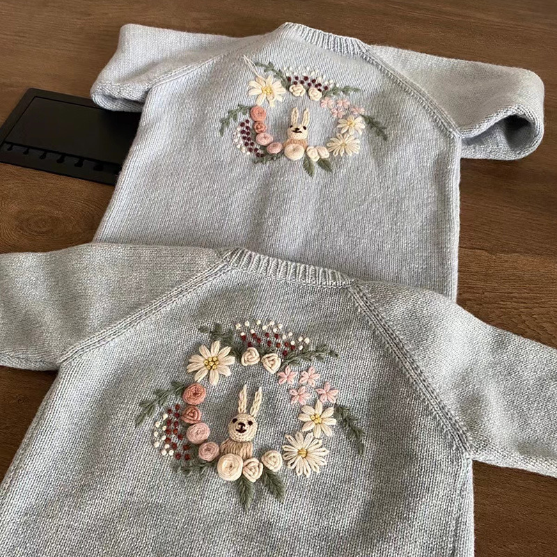 Pure Wool Hand-embroidered Rabbit Cardigan Sweater Shorts Children's Long-sleeved Knitted Coat Autumn and Winter Girls' Top