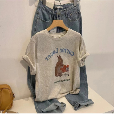 Grey Shoulder Printed High-end T-shirt Women's 2022 Summer New Loose Niche Cute Rabbit Short-sleeved Top