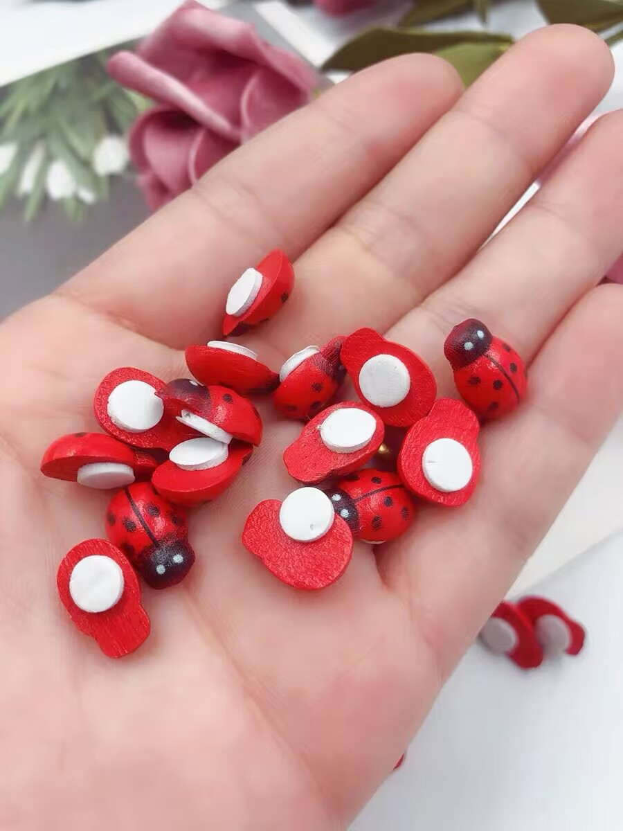Multi-size mini ladybug micro landscape mini ladybug pastoral wooden small beetle back with double-sided adhesive tape