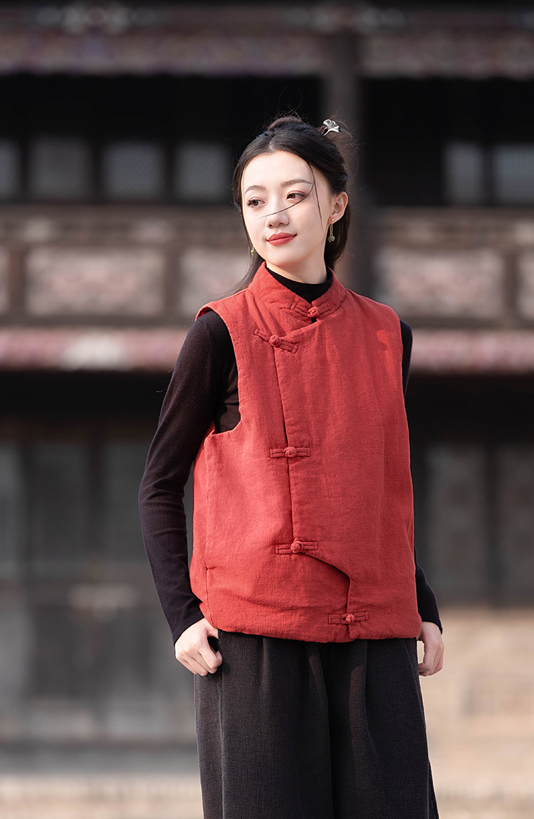 23 cotton and linen women's clothing New National style vintage buckle cotton vest top women's sand wash linen quilted warm vest_voghion.com