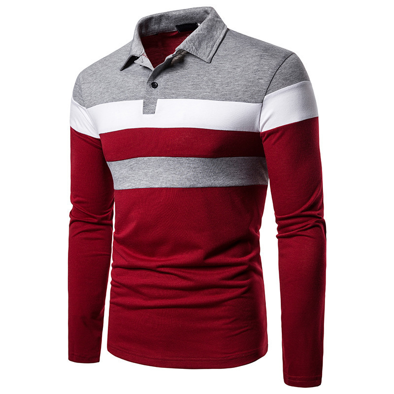 Cross-border autumn and winter new men's chest two-color stitching printed slim-fit lapel buckle commuter European size Long Sleeve POLO
